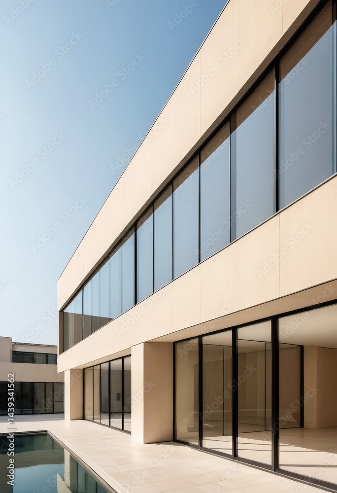 Fototapeta premium A spacious, shimmering blue pool stretches out in front of a modern building, surrounded by lush greenery and comfortable lounge chairs for relaxation.