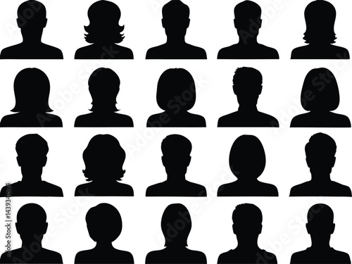 A collection of twenty silhouette head and shoulder portraits in a grid arrangement set on white