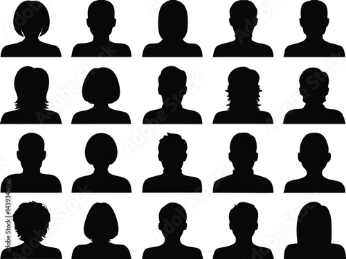 Collection of black silhouette head and shoulder portraits of various people types heads
