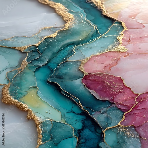 The piece displays a fluid, abstract design with a combination of colors and gilded elements. Swirls of blue, teal, and pink intertwine, delineated by gilded lines and textures