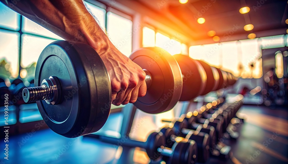 Strong hands grasp the dumbbell with purpose.  