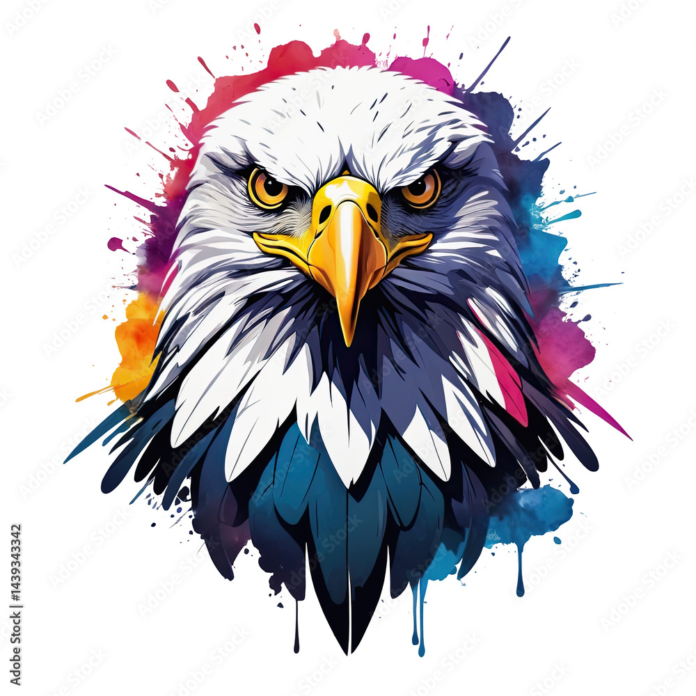 Fototapeta premium Watercolor illustration of an eagle with colorful splashes on transparent background