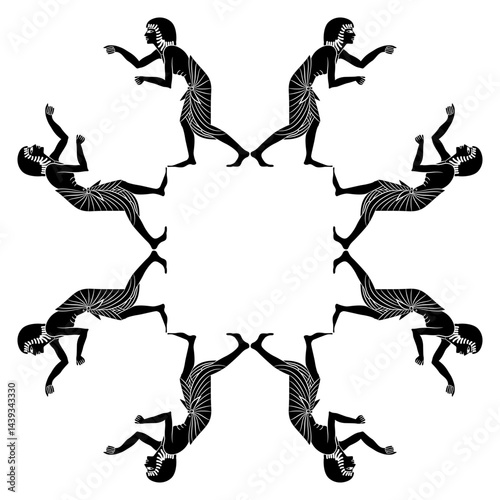 Ethnic geometrical mandala or frame with ancient Egyptian men. Black and white silhouette.