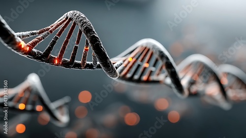 A helical structure is in focus, with more of the same out of focus.  Orange points of light are around it.