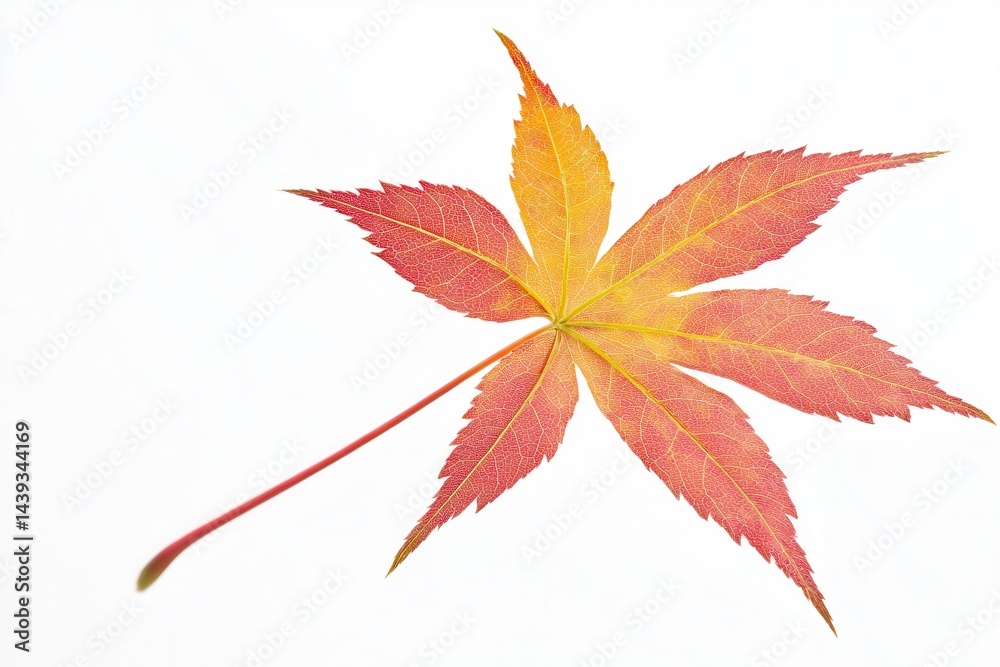 Vibrant autumn leaf showcasing red and yellow hues against a white background Vibrant autumn leaf showcasing red and yellow hues against a white background