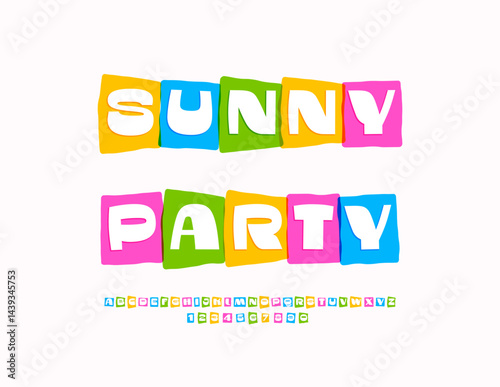 Vector Festivity invitation Sunny Party. Joyful Colorful Font. Unique Bright Alphabet Letters and Numbers set.