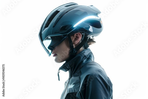 Elite Cyclist with Futuristic Bicycle Helmet Isolated On White Background.