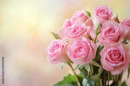 Delicate pink rose bouquet on soft pastel backdrop, ideal for mother's day, valentine's, weddings, birthdays, and unique celebrations with customizable message options