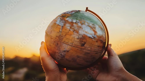 Hands holding a globe against a sunset backdrop symbolizing travel and exploration around the world