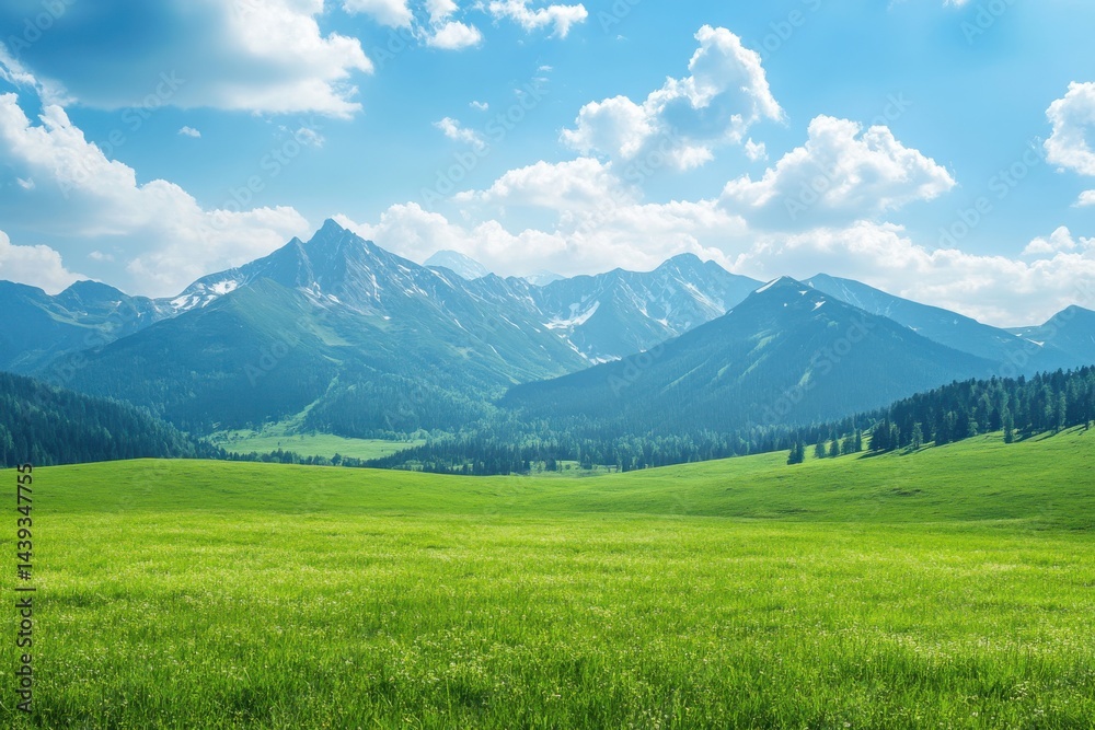 Serene green fields beneath towering mountain summits and bright blue skies perfect for tranquil nature wallpaper and stunning scenic backgrounds Serene green fields beneath towering mountain summits and bright blue skies perfect for tranquil nature wallpaper and stunning scenic backgrounds