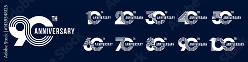 collection anniversary 10 to 100 year logo designs. abstract number for celebration event, wedding, greeting card, and invitation, vector illustration