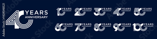 collection anniversary 10 to 100 year logo designs. abstract number for celebration event, wedding, greeting card, and invitation, vector illustration