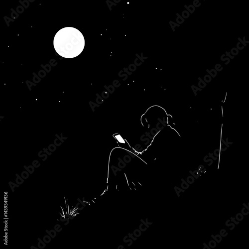 Black and White Silhouette or Line Art Illustration of Man or Woman Handing Mobile Phone - Communication Concept