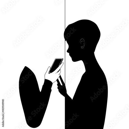 Black and White Silhouette or Line Art Illustration of Man or Woman Handing Mobile Phone - Communication Concept