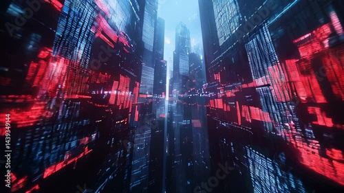 Futuristic urban landscape with glowing digital elements during twilight in a bustling cyber city