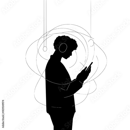 Black and White Silhouette or Line Art Illustration of Man or Woman Handing Mobile Phone - Communication Concept