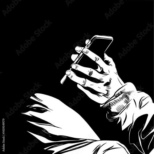 Black and White Silhouette or Line Art Illustration of Man or Woman Handing Mobile Phone - Communication Concept
