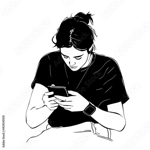 Black and White Silhouette or Line Art Illustration of Man or Woman Handing Mobile Phone - Communication Concept