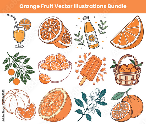 Orange fruit illustrations set with slice, juice, basket, flower, and popsicle art