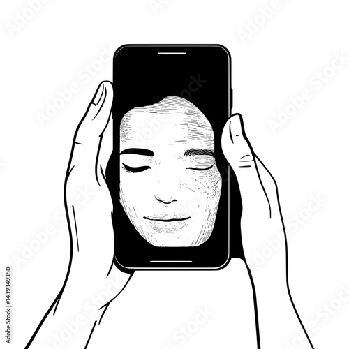 Black and White Silhouette or Line Art Illustration of Man or Woman Handing Mobile Phone - Communication Concept
