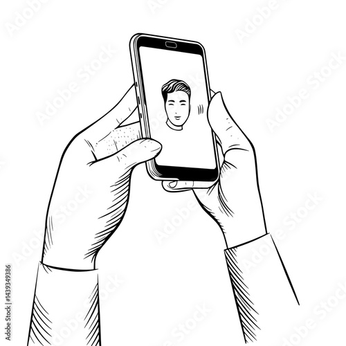 Black and White Silhouette or Line Art Illustration of Man or Woman Handing Mobile Phone - Communication Concept