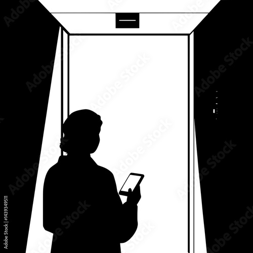 Black and White Silhouette or Line Art Illustration of Man or Woman Handing Mobile Phone - Communication Concept