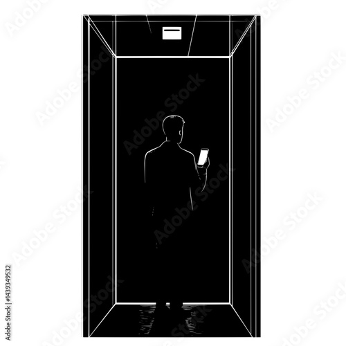 Black and White Silhouette or Line Art Illustration of Man or Woman Handing Mobile Phone - Communication Concept