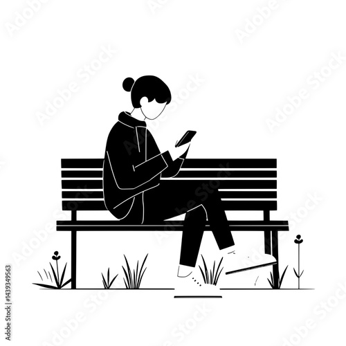 Black and White Silhouette or Line Art Illustration of Man or Woman Handing Mobile Phone - Communication Concept