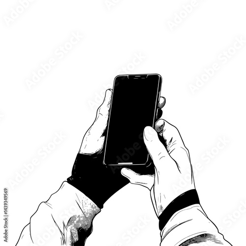 Black and White Silhouette or Line Art Illustration of Man or Woman Handing Mobile Phone - Communication Concept