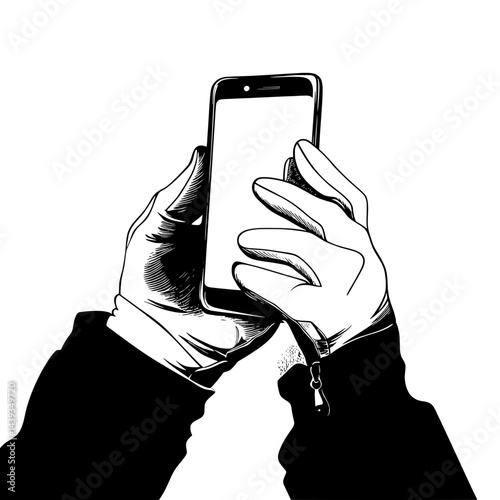 Black and White Silhouette or Line Art Illustration of Man or Woman Handing Mobile Phone - Communication Concept