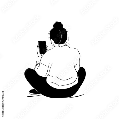 Black and White Silhouette or Line Art Illustration of Man or Woman Handing Mobile Phone - Communication Concept