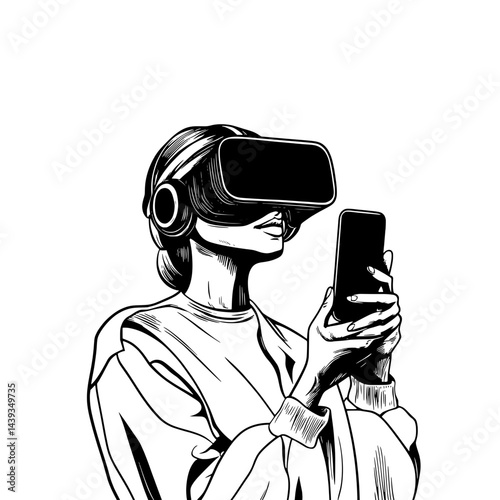 Black and White Silhouette or Line Art Illustration of Man or Woman Handing Mobile Phone - Communication Concept