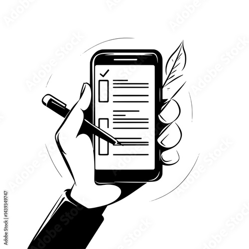 Black and White Silhouette or Line Art Illustration of Man or Woman Handing Mobile Phone - Communication Concept
