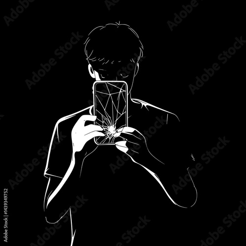 Black and White Silhouette or Line Art Illustration of Man or Woman Handing Mobile Phone - Communication Concept
