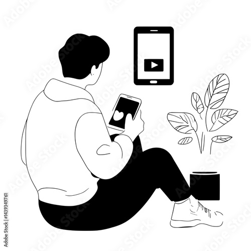 Black and White Silhouette or Line Art Illustration of Man or Woman Handing Mobile Phone - Communication Concept