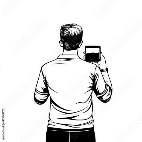 Black and White Silhouette or Line Art Illustration of Man or Woman Handing Mobile Phone - Communication Concept