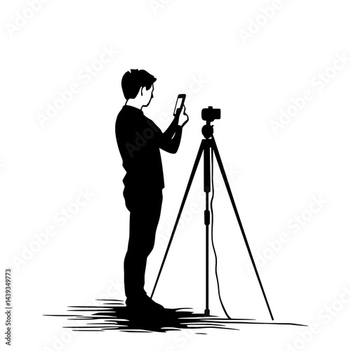 Black and White Silhouette or Line Art Illustration of Man or Woman Handing Mobile Phone - Communication Concept