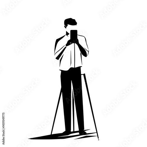 Black and White Silhouette or Line Art Illustration of Man or Woman Handing Mobile Phone - Communication Concept