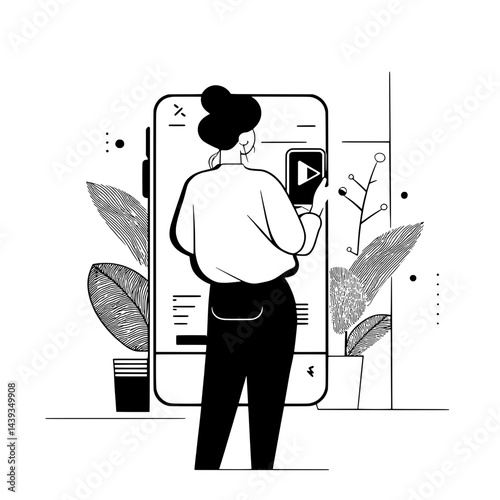 Black and White Silhouette or Line Art Illustration of Man or Woman Handing Mobile Phone - Communication Concept