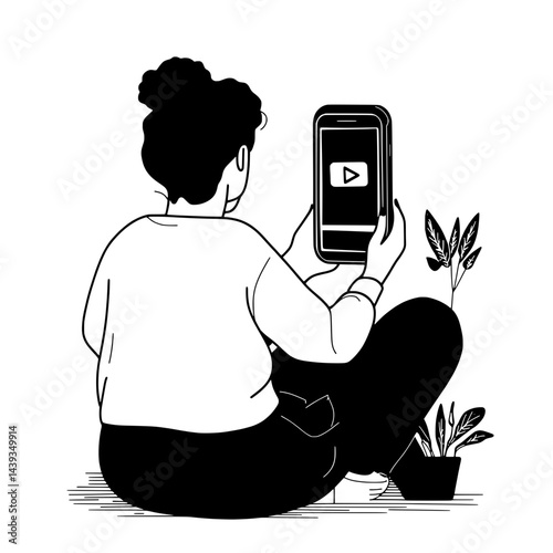 Black and White Silhouette or Line Art Illustration of Man or Woman Handing Mobile Phone - Communication Concept