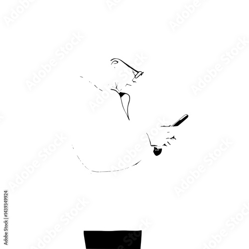 Black and White Silhouette or Line Art Illustration of Man or Woman Handing Mobile Phone - Communication Concept