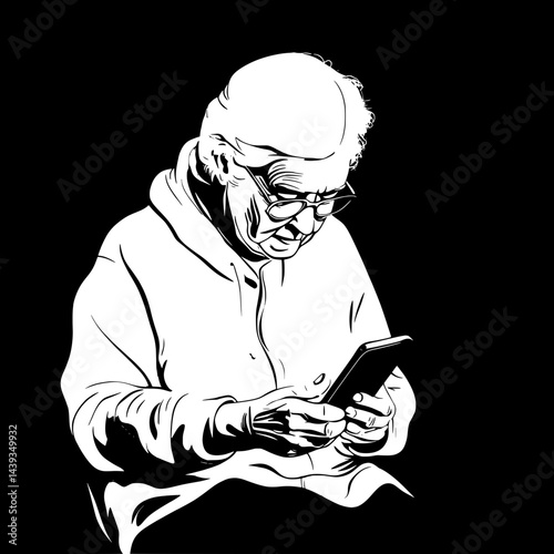 Black and White Silhouette or Line Art Illustration of Man or Woman Handing Mobile Phone - Communication Concept