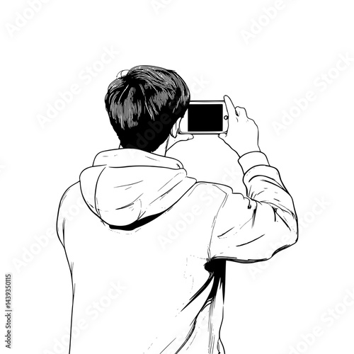 Black and White Silhouette or Line Art Illustration of Man or Woman Handing Mobile Phone - Communication Concept