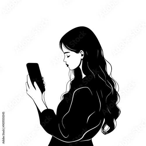 Black and White Silhouette or Line Art Illustration of Man or Woman Handing Mobile Phone - Communication Concept