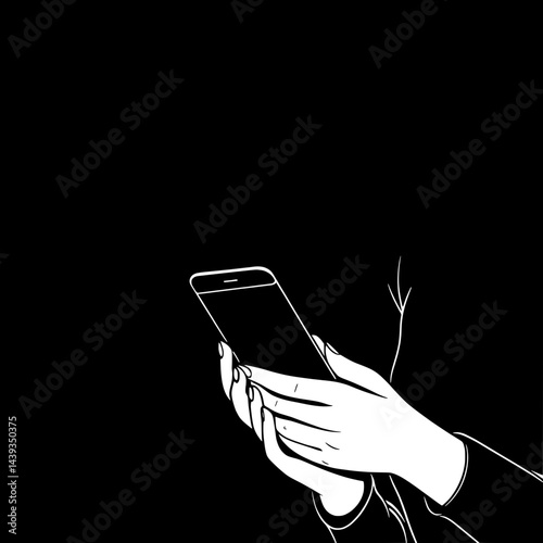Black and White Silhouette or Line Art Illustration of Man or Woman Handing Mobile Phone - Communication Concept