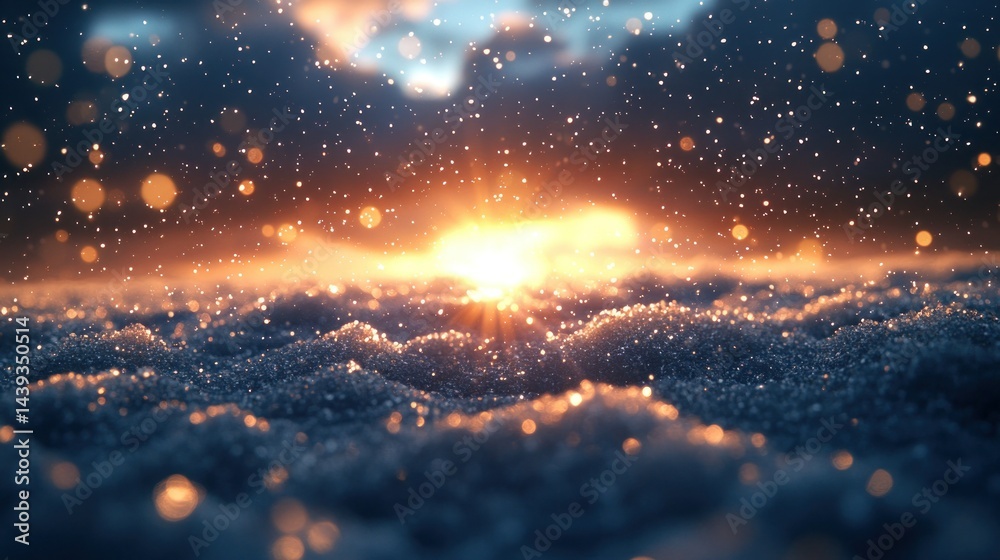 Naklejka premium Winter sunrise, snow-covered landscape, golden light, beautiful scene