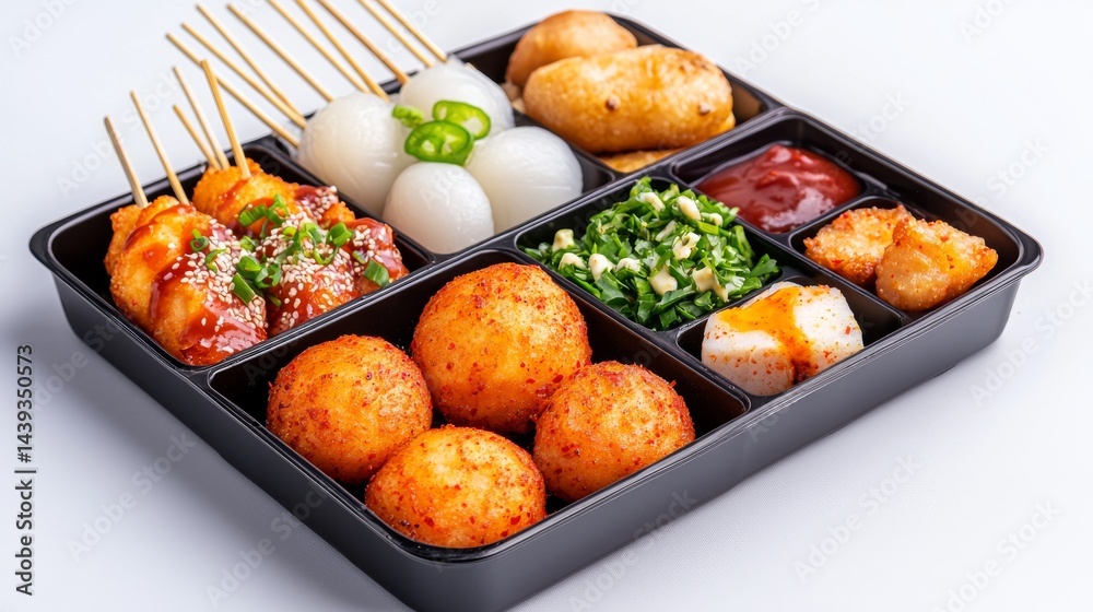 Assorted Korean Street Food Platter with Skewered Snacks and Rice Balls in a Sleek Black Container Assorted Korean Street Food Platter with Skewered Snacks and Rice Balls in a Sleek Black Container