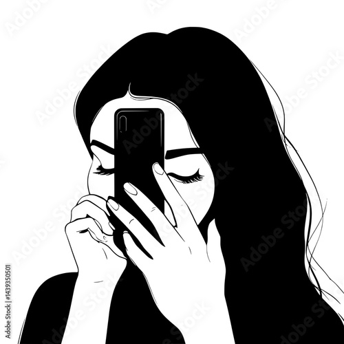 Black and White Silhouette or Line Art Illustration of Man or Woman Handing Mobile Phone - Communication Concept