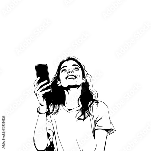 Black and White Silhouette or Line Art Illustration of Man or Woman Handing Mobile Phone - Communication Concept