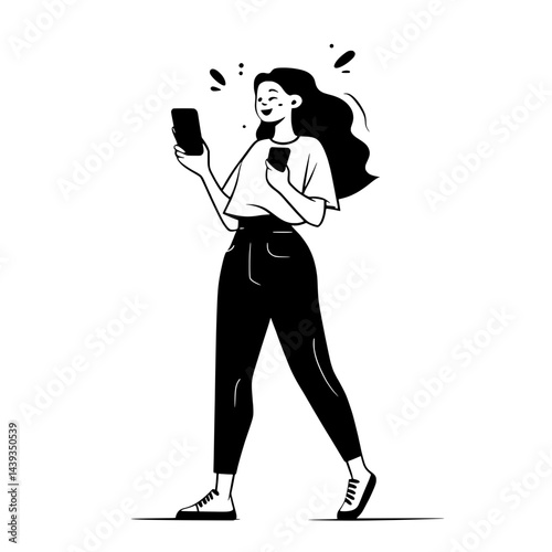 Black and White Silhouette or Line Art Illustration of Man or Woman Handing Mobile Phone - Communication Concept